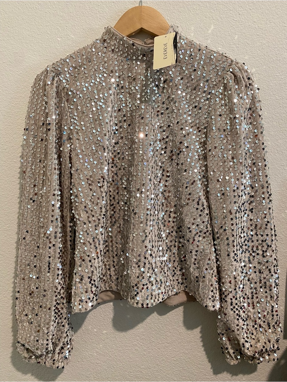 Evereve Champagne Sequin Mock Neck Top